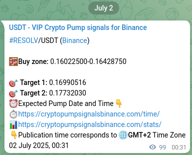 Binance pump signal proof for RESOLV on 02 July 2025, 03:16