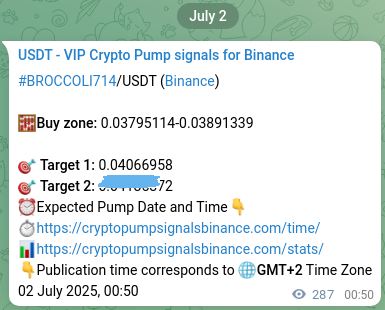 Crypto pump signal confirmation: BROCCOLI714 on Binance, 02 July 2025, 08:49