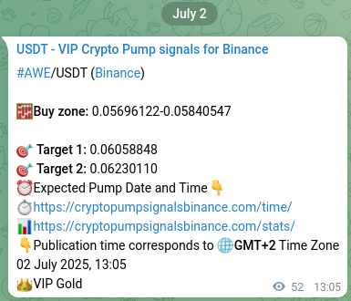 Proof of AWE pump signal on Binance at 02 July 2025, 14:32