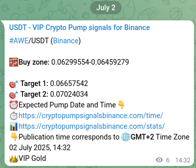 Authenticated proof of AWE's pump signal on Binance at 02 July 2025, 14:42