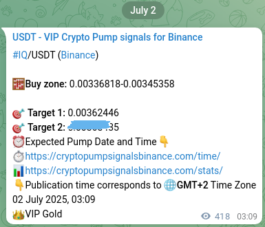 Signal verification: IQ pump on Binance at 02 July 2025, 14:46