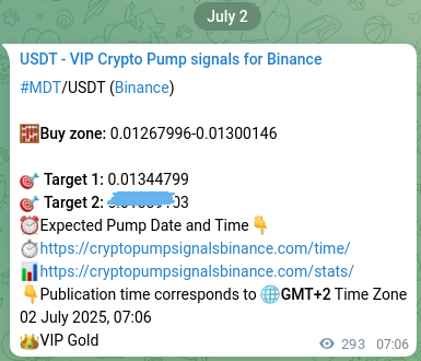 Crypto trading signal proof: MDT pump on Binance, 02 July 2025, 15:14
