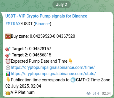 Binance signal verification for STRAX pump, 02 July 2025, 16:20