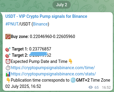 Authenticated proof of PNUT's pump signal on Binance, 02 July 2025, 18:41