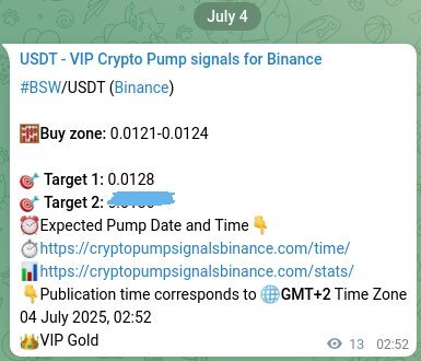 Binance pump signal confirmation for BSW at 04 July 2025, 03:13