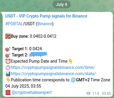 Crypto pump signal proof: PORTAL on Binance, 04 July 2025, 07:04