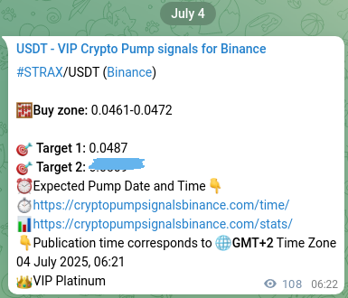 Live proof of STRAX pump signal on Binance, 04 July 2025, 09:18