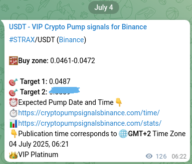 Real-time verification of STRAX pump signal on Binance, 04 July 2025, 09:49