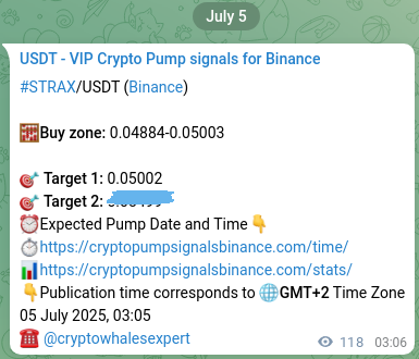 Crypto pump signal confirmation: STRAX on Binance, 05 July 2025, 04:03