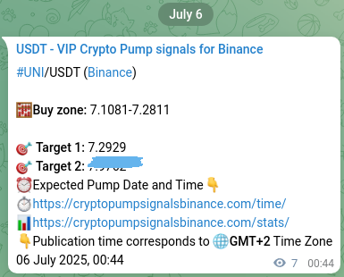 UNI pump signal verification from Binance, timestamp: 06 July 2025, 00:56