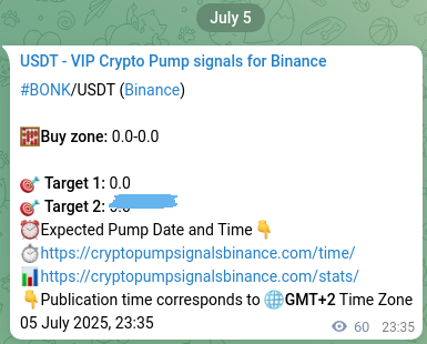 Binance pump signal proof for BONK on 06 July 2025, 01:15