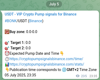Trading signal proof: BONK pump from Binance, 06 July 2025, 06:07