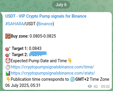 Binance pump signal data for SAHARA at 06 July 2025, 06:42