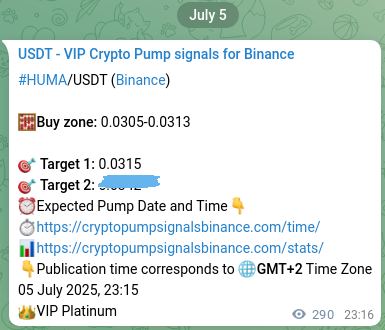 Real-time proof of HUMA pump signal on Binance, 06 July 2025, 07:19