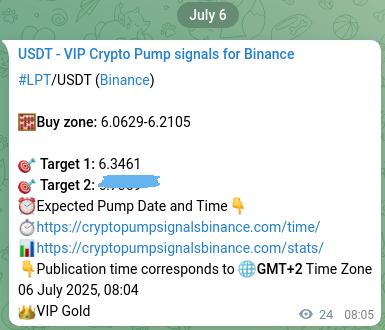Binance exchange signal proof for LPT, 06 July 2025, 08:44