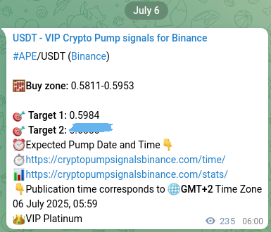 Binance pump signal verification for APE at 06 July 2025, 12:32