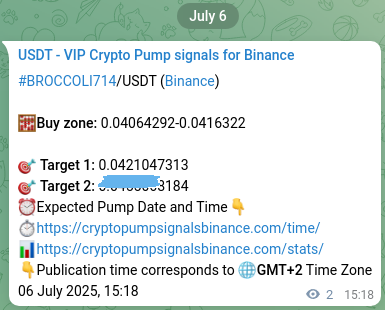 Authenticated proof of BROCCOLI714's pump signal on Binance, 06 July 2025, 15:22