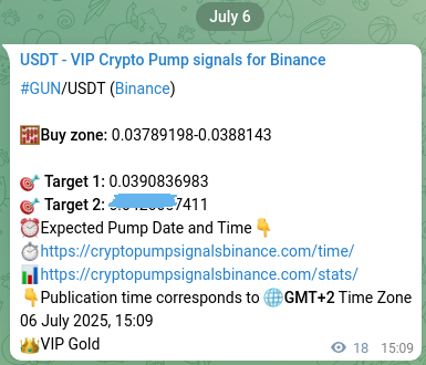 Crypto pump signal confirmation: GUN on Binance, 06 July 2025, 15:38