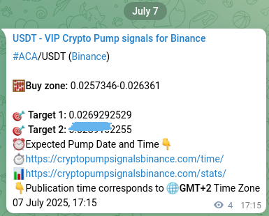 Binance pump signal data for ACA at 07 July 2025, 17:21
