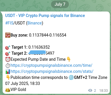 Crypto trading signal proof: FIS pump on Binance, 07 July 2025, 18:36