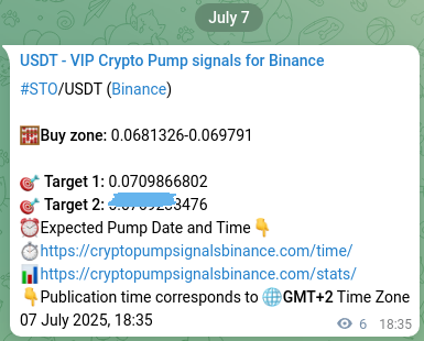 Crypto pump signal analytics for STO on Binance, 07 July 2025, 18:44