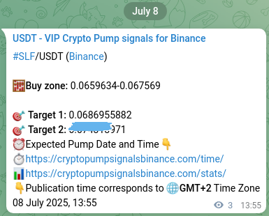 Binance pump signal proof for SLF on 08 July 2025, 13:59
