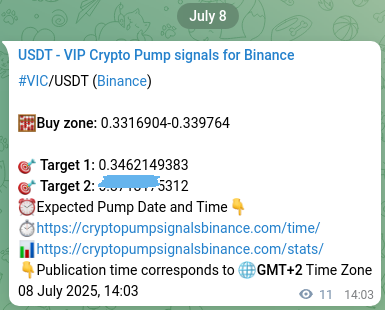 Crypto pump signal proof: VIC on Binance, 08 July 2025, 14:22