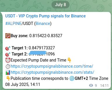Binance trading signal proof for ALPINE pump, 08 July 2025, 14:26