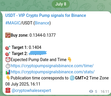 Binance signal verification for MAGIC pump, 08 July 2025, 16:19