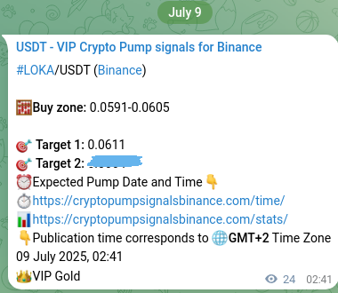Trading signal proof: LOKA pump from Binance, 09 July 2025, 03:21