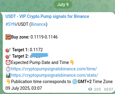 Live proof of SYN pump signal on Binance, 09 July 2025, 09:38