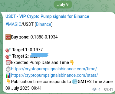 Signal proof for MAGIC pump on Binance at 09 July 2025, 09:48