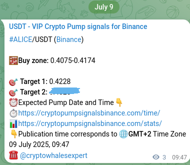 Authenticated proof of ALICE's pump signal on Binance, 09 July 2025, 09:51