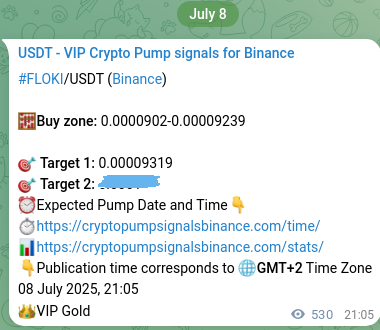Binance pump signal data for FLOKI at 09 July 2025, 11:48