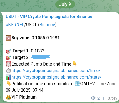 Binance pump signal verification for KERNEL at 09 July 2025, 13:33