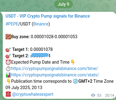 Crypto pump signal analytics for PEPE on Binance, 09 July 2025, 21:39