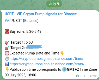 Binance signal verification for AR pump, 09 July 2025, 21:45