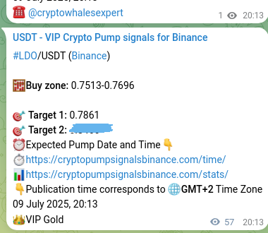 Binance pump signal verification for LDO at 09 July 2025, 21:46