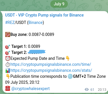 Signal proof for REZ pump on Binance at 09 July 2025, 21:52