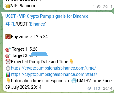 Trading signal proof: RPL pump from Binance, 09 July 2025, 23:15