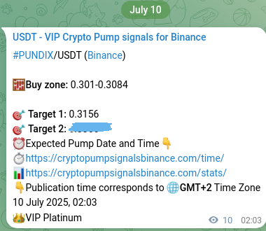 Trading signal proof: PUNDIX pump from Binance, 10 July 2025, 02:20