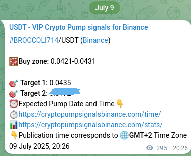 Binance pump signal verification for BROCCOLI714 at 10 July 2025, 04:38
