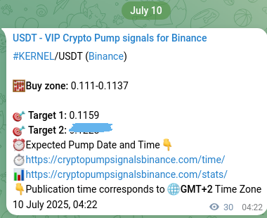 Trading signal verification: KERNEL pump from Binance, 10 July 2025, 05:10