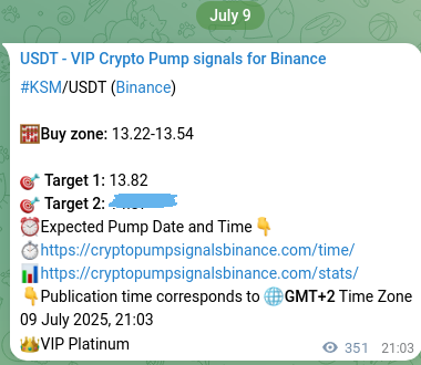Binance trading signal proof for KSM pump, 10 July 2025, 06:49