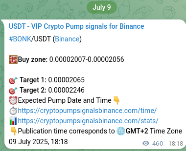 Binance pump signal data for BONK at 10 July 2025, 07:06