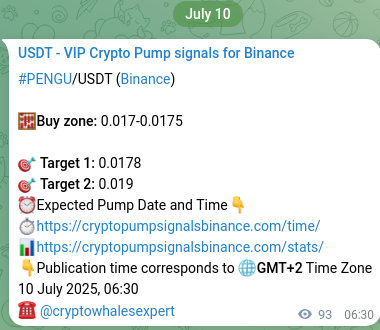 Crypto signal proof: PENGU pump on Binance, 10 July 2025, 09:05