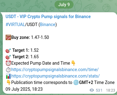 Binance signal verification for VIRTUAL pump, 10 July 2025, 09:06