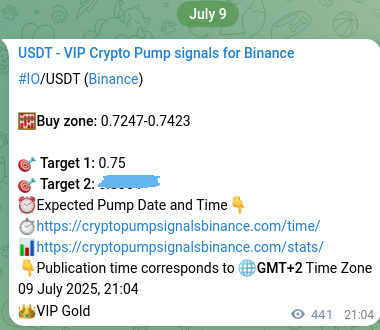 Crypto trading signal verification: IO pump on Binance, 10 July 2025, 09:19