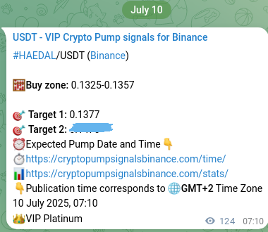 Authenticated proof of HAEDAL's pump signal on Binance, 10 July 2025, 10:37