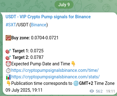 Crypto pump signal confirmation: SXT on Binance, 10 July 2025, 10:48